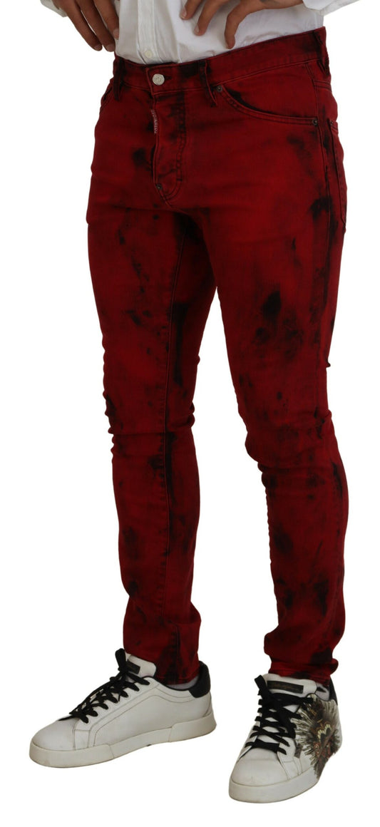 Red distressed jeans on a person