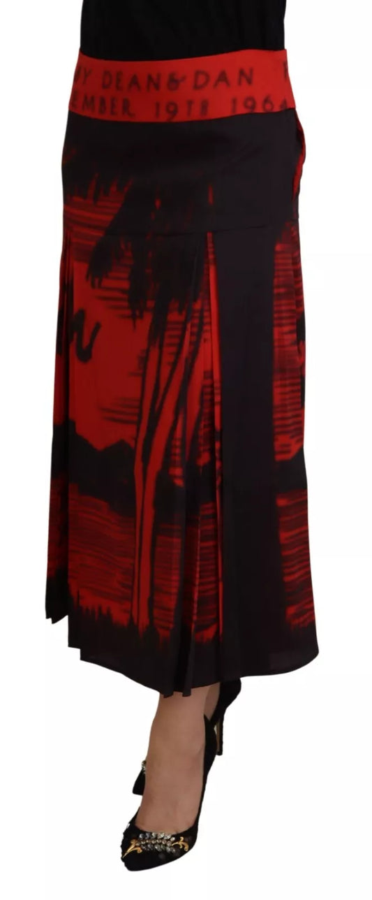 Long red skirt with black and white pattern