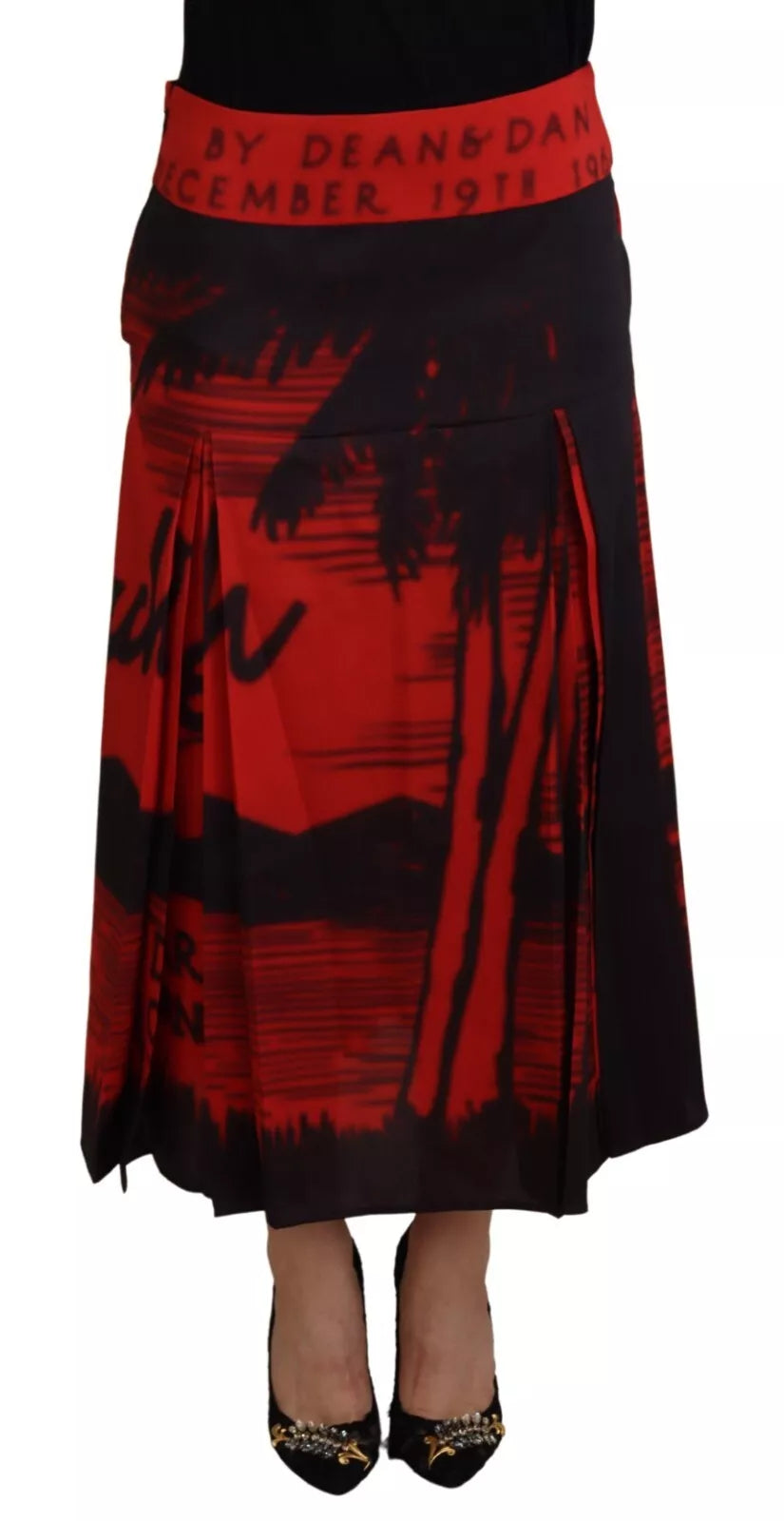 Long red skirt with black writing on waistband
