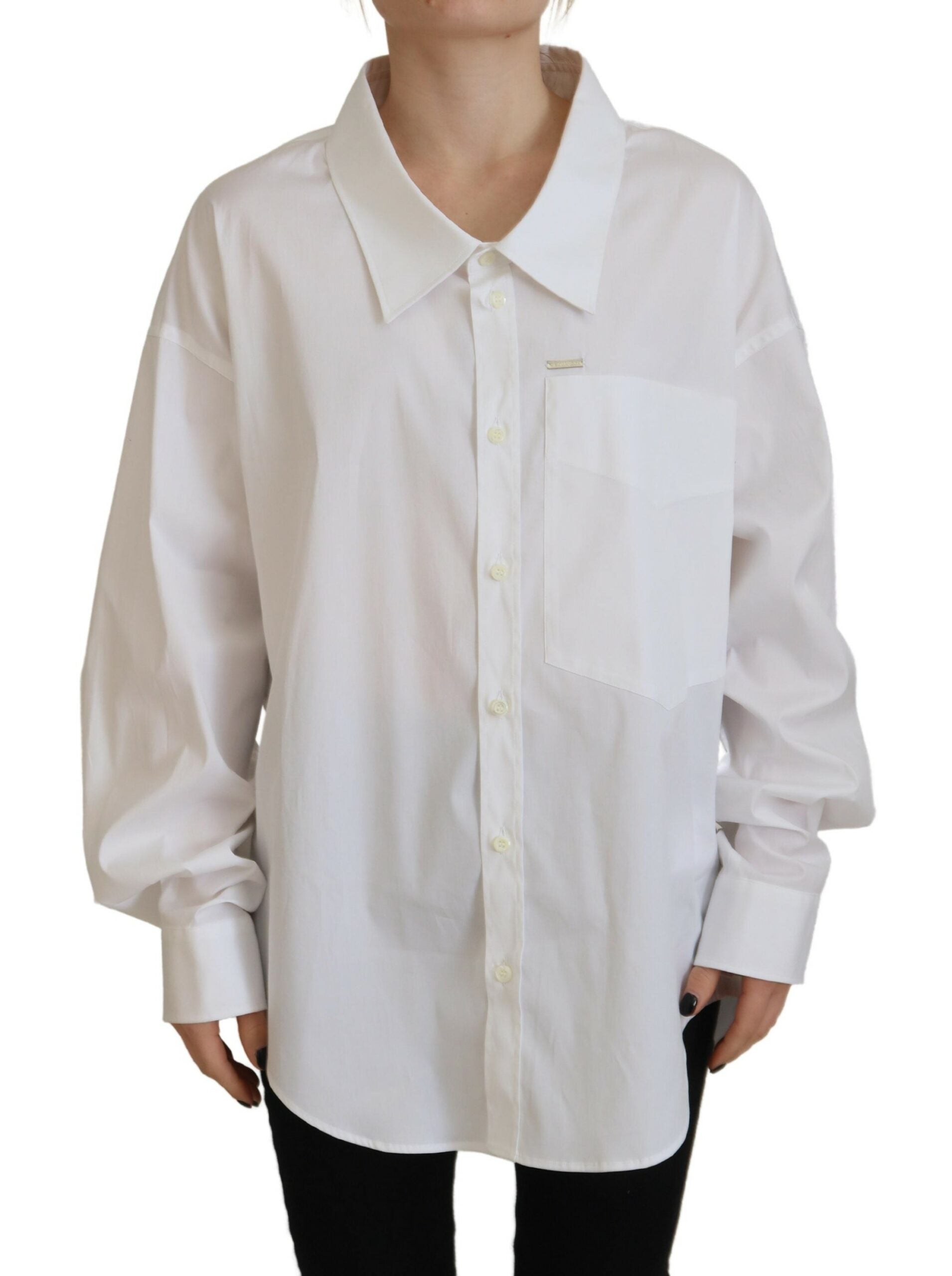 A long-sleeved white cotton button down collared dress shirt top