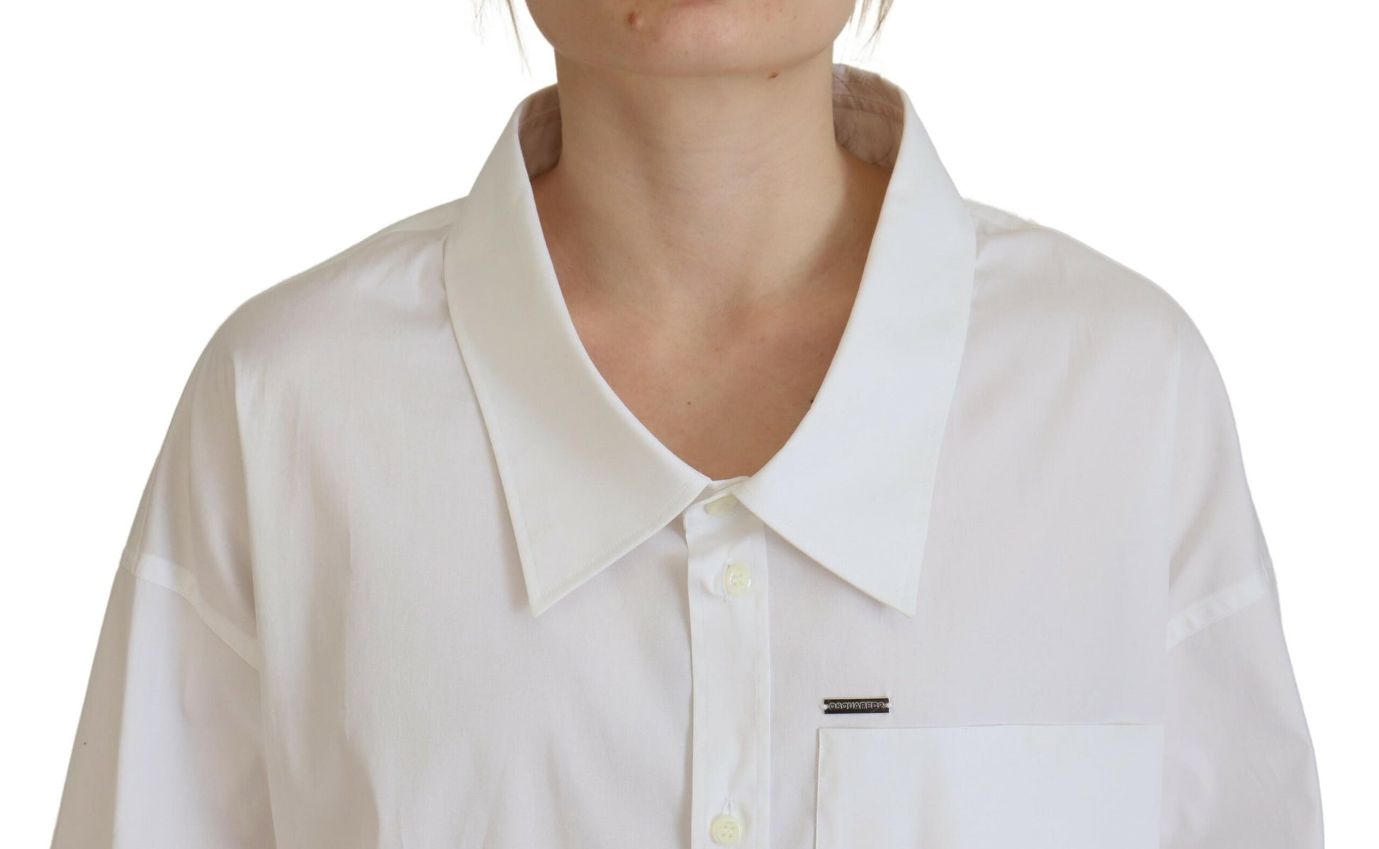A white cotton button down collared dress shirt top with a high neckline