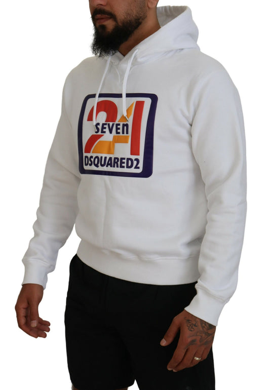 Man wearing white hoodie with red logo
