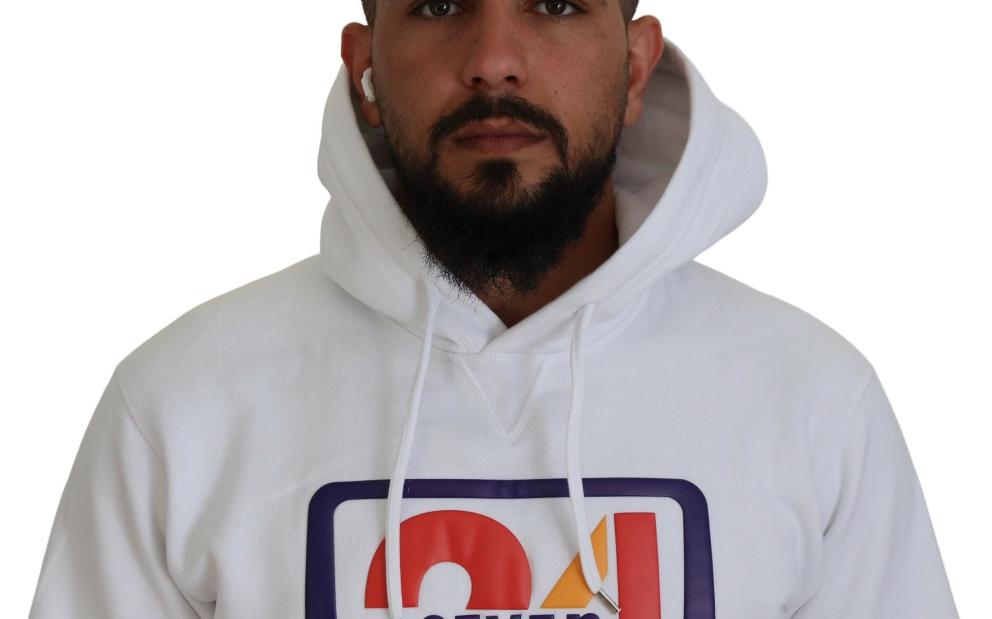 Man wearing white hoodie with red logo