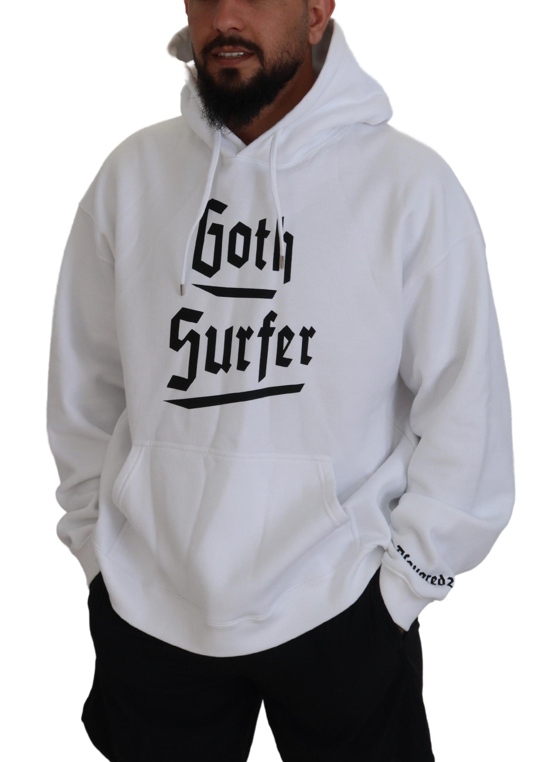 Man wearing white hoodie with Gothic Surfing logo