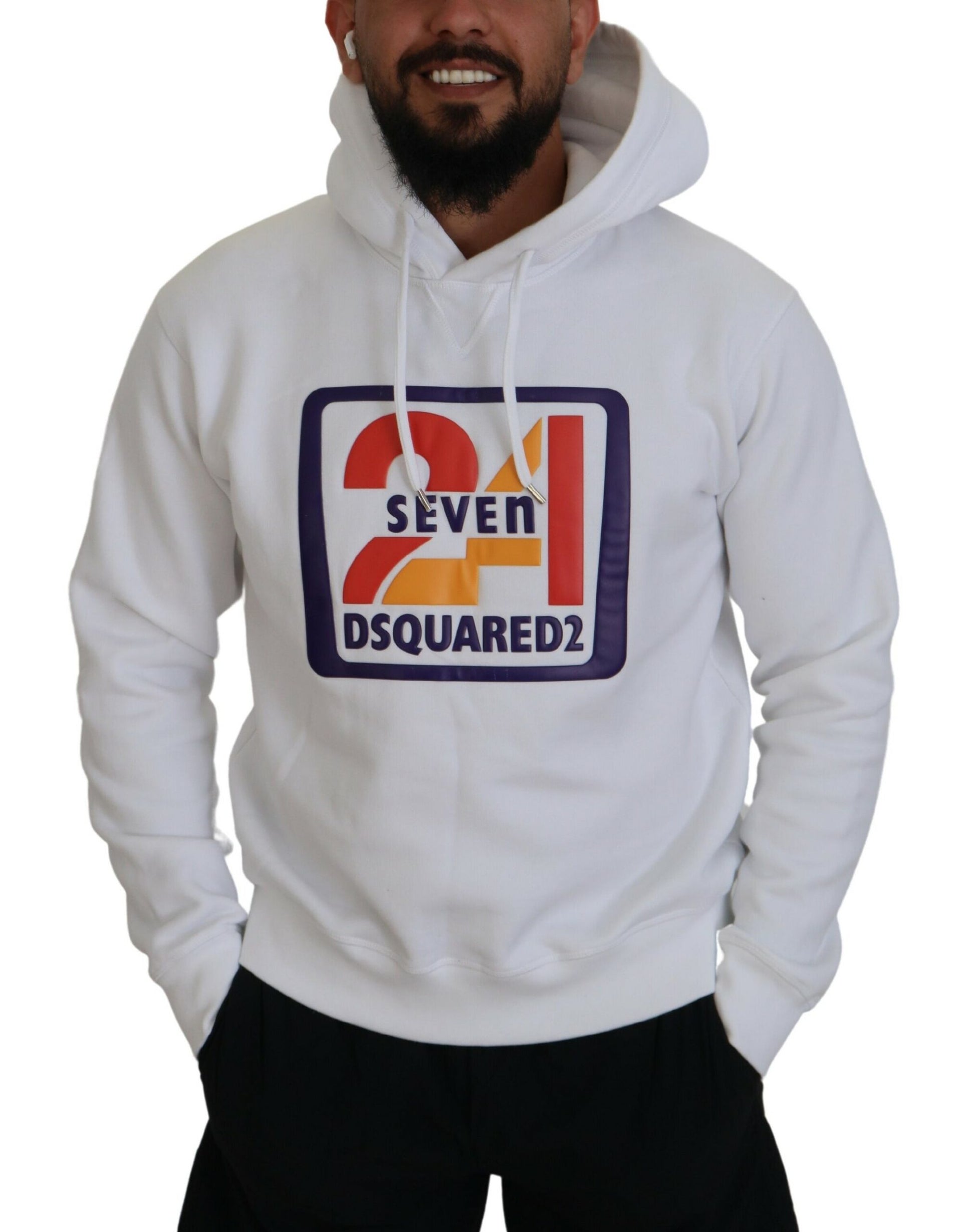 Man wearing white hoodie with graphic design on front
