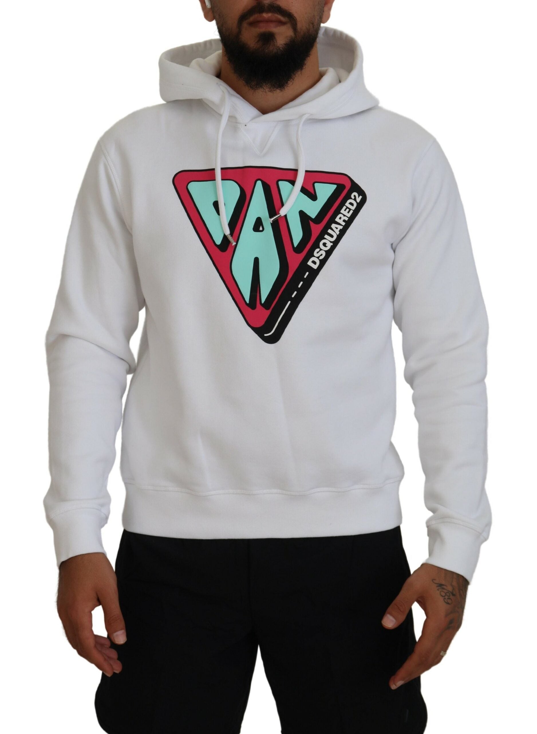 Man wearing white hoodie with pink and black graphic