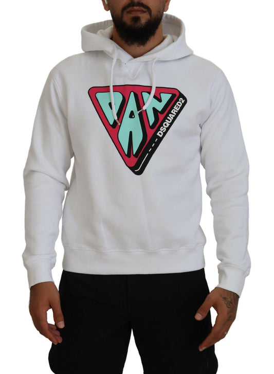 Man wearing white hoodie with pink and black graphic