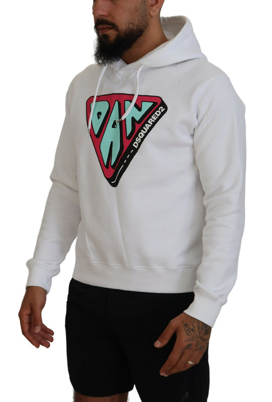 Man wearing white hoodie with pink and blue graphic