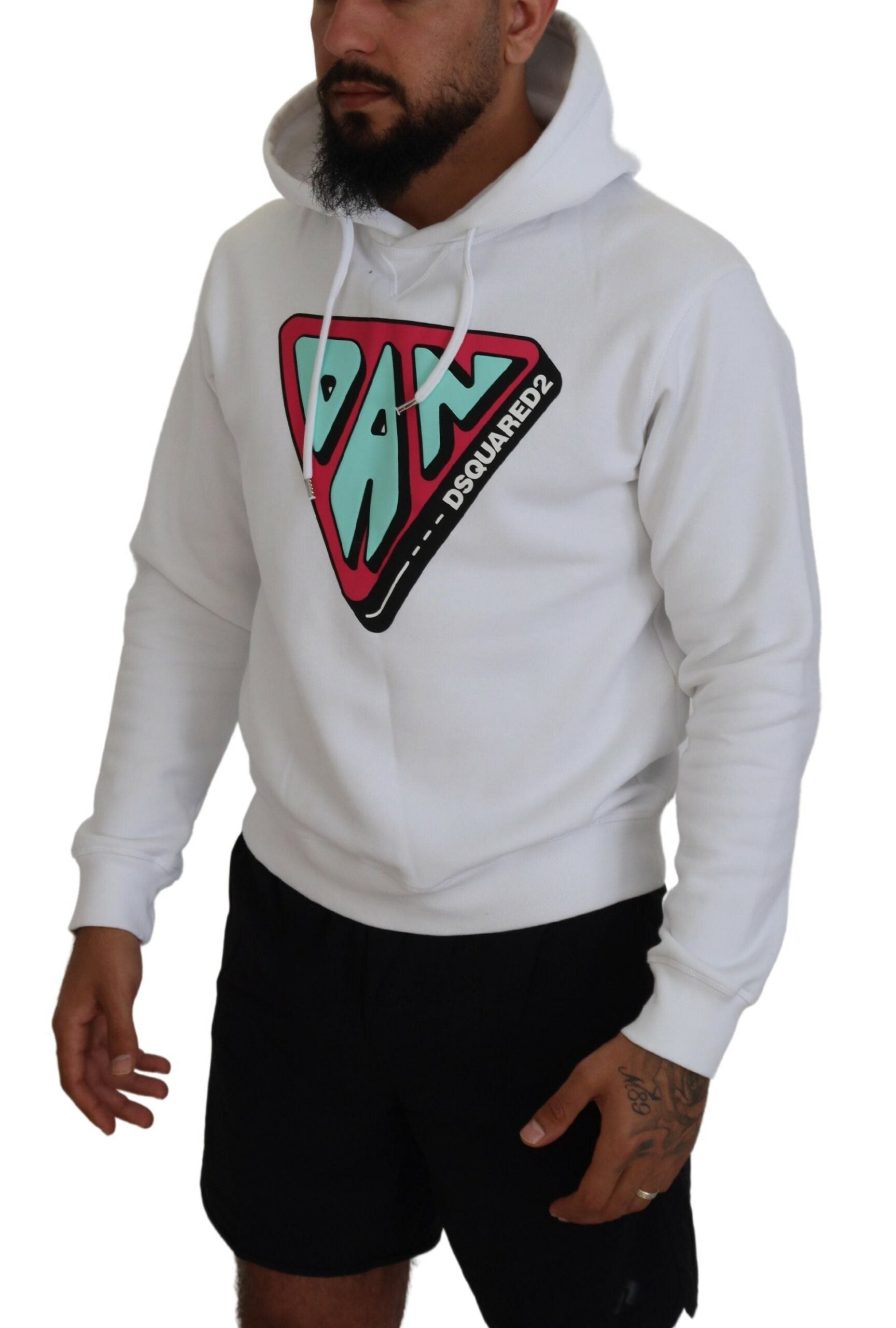 Man wearing white hoodie with pink logo