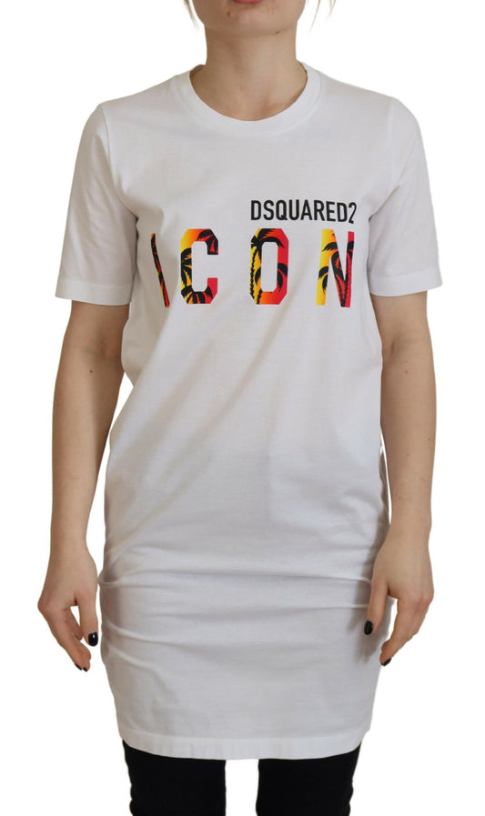 White t-shirt with colorful graphic design on front