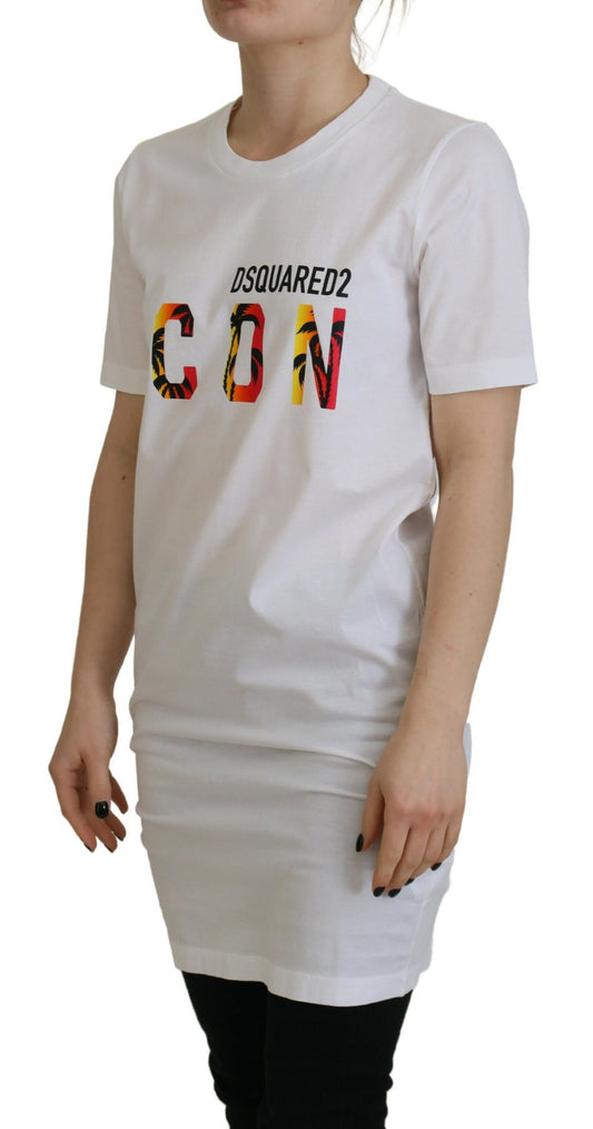 White t-shirt with colorful graphic print on front