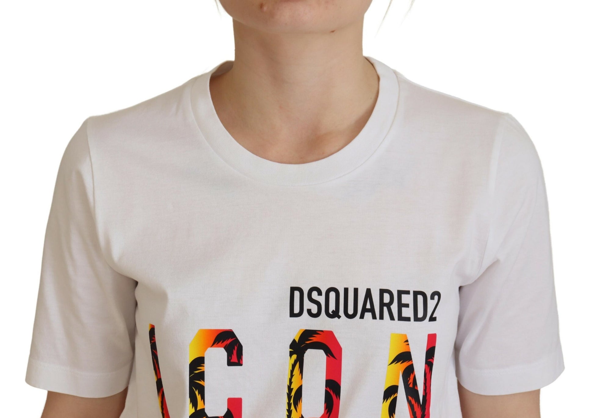 White t-shirt with colorful graphic print on front