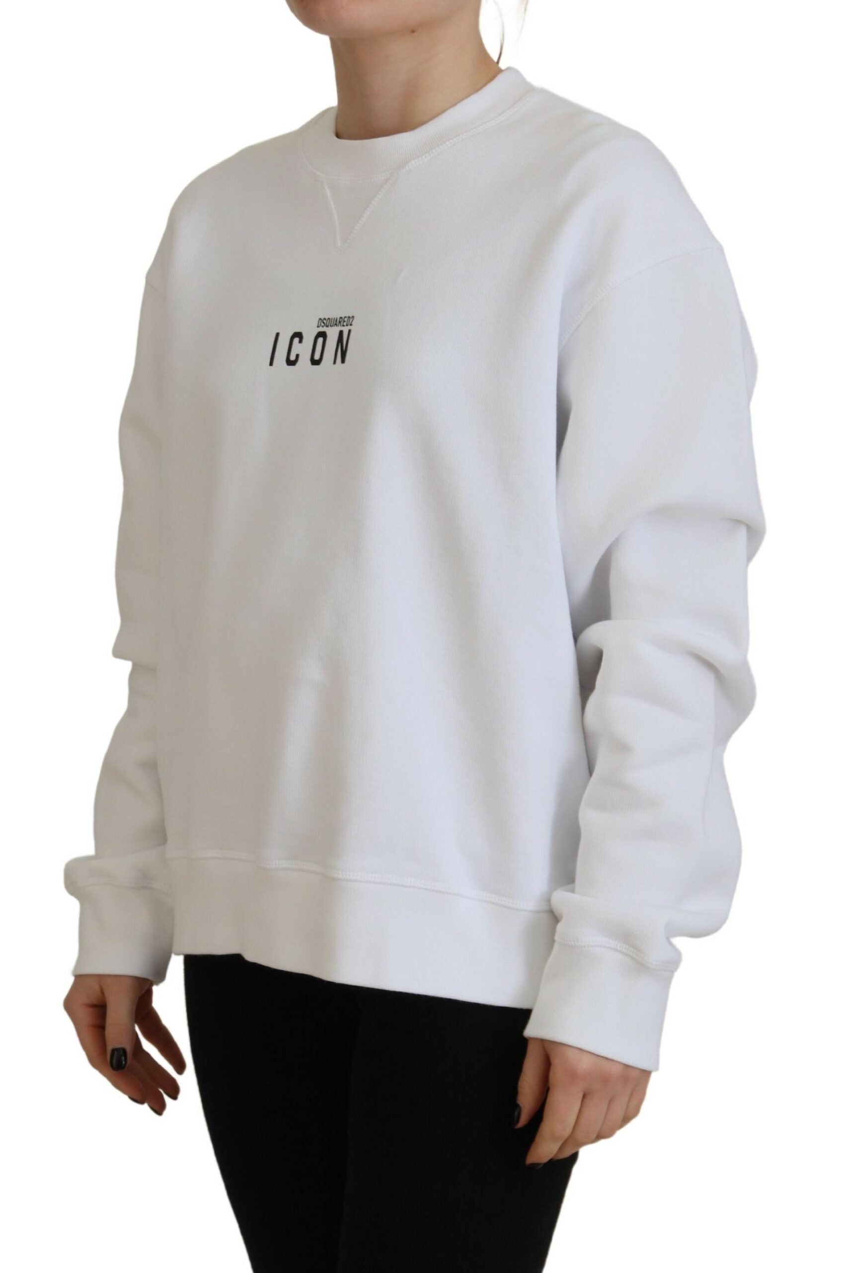 White sweatshirt with black lettering on front