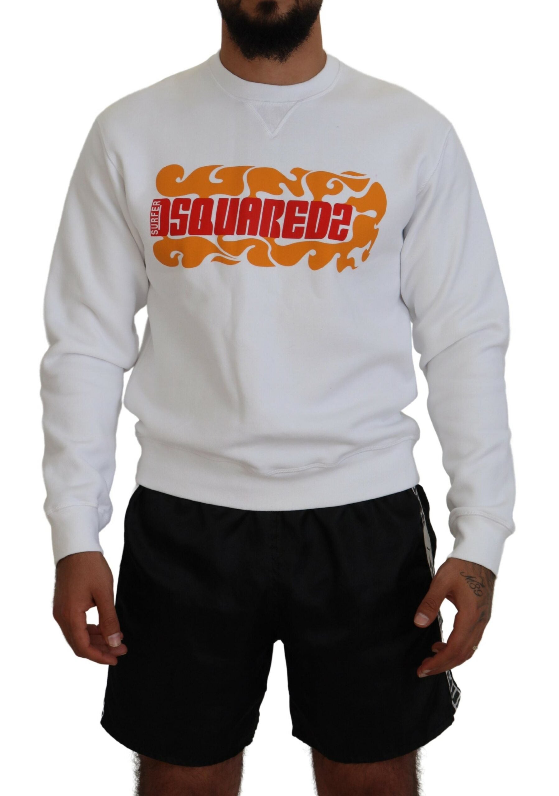White sweatshirt with orange and red design on front