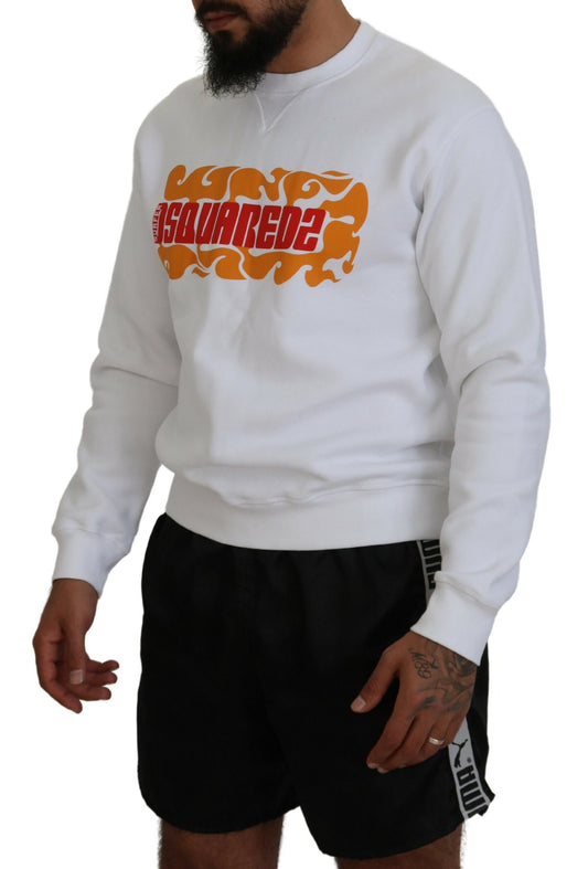 White sweatshirt with orange graphic on front