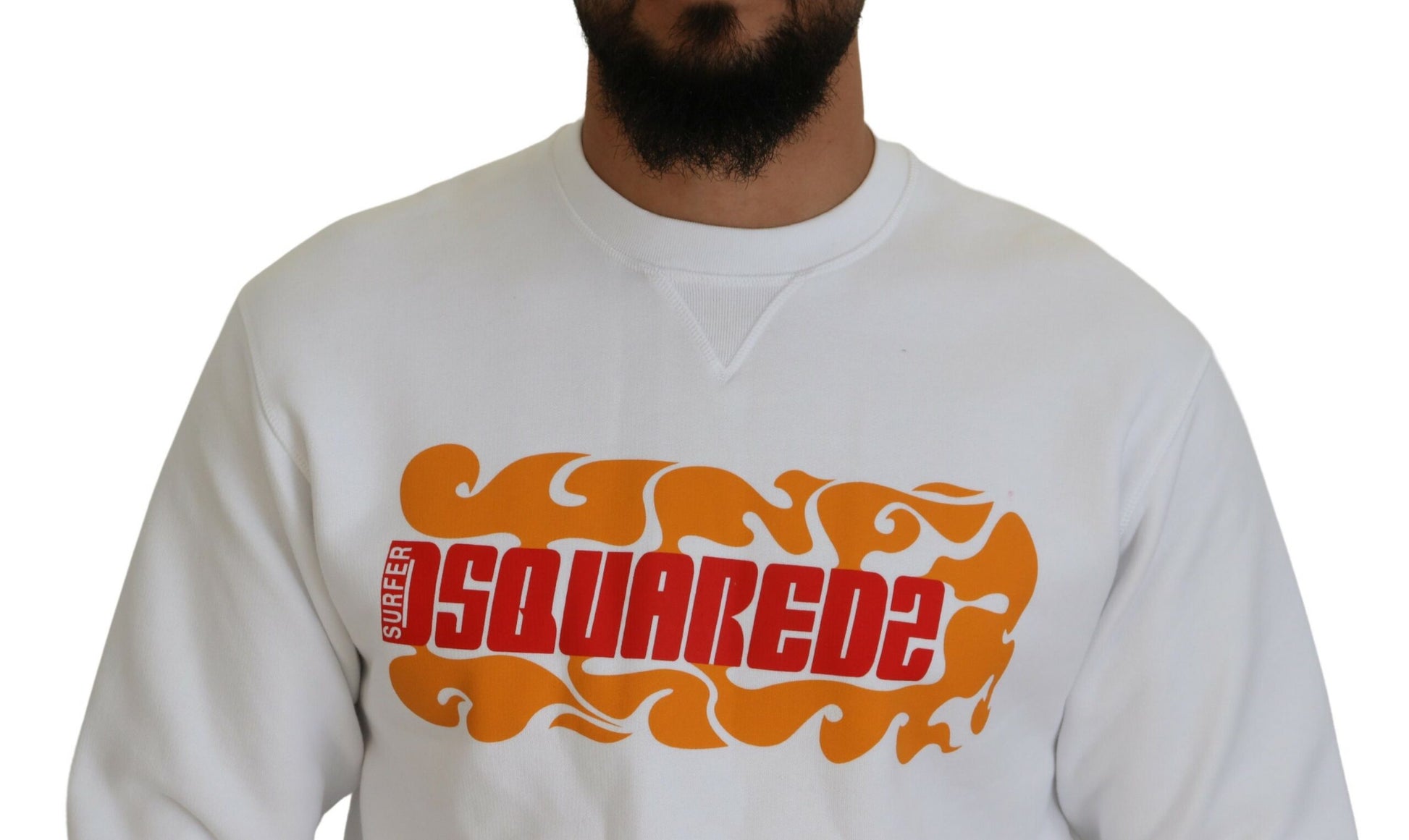 White sweatshirt with orange and yellow graphic design