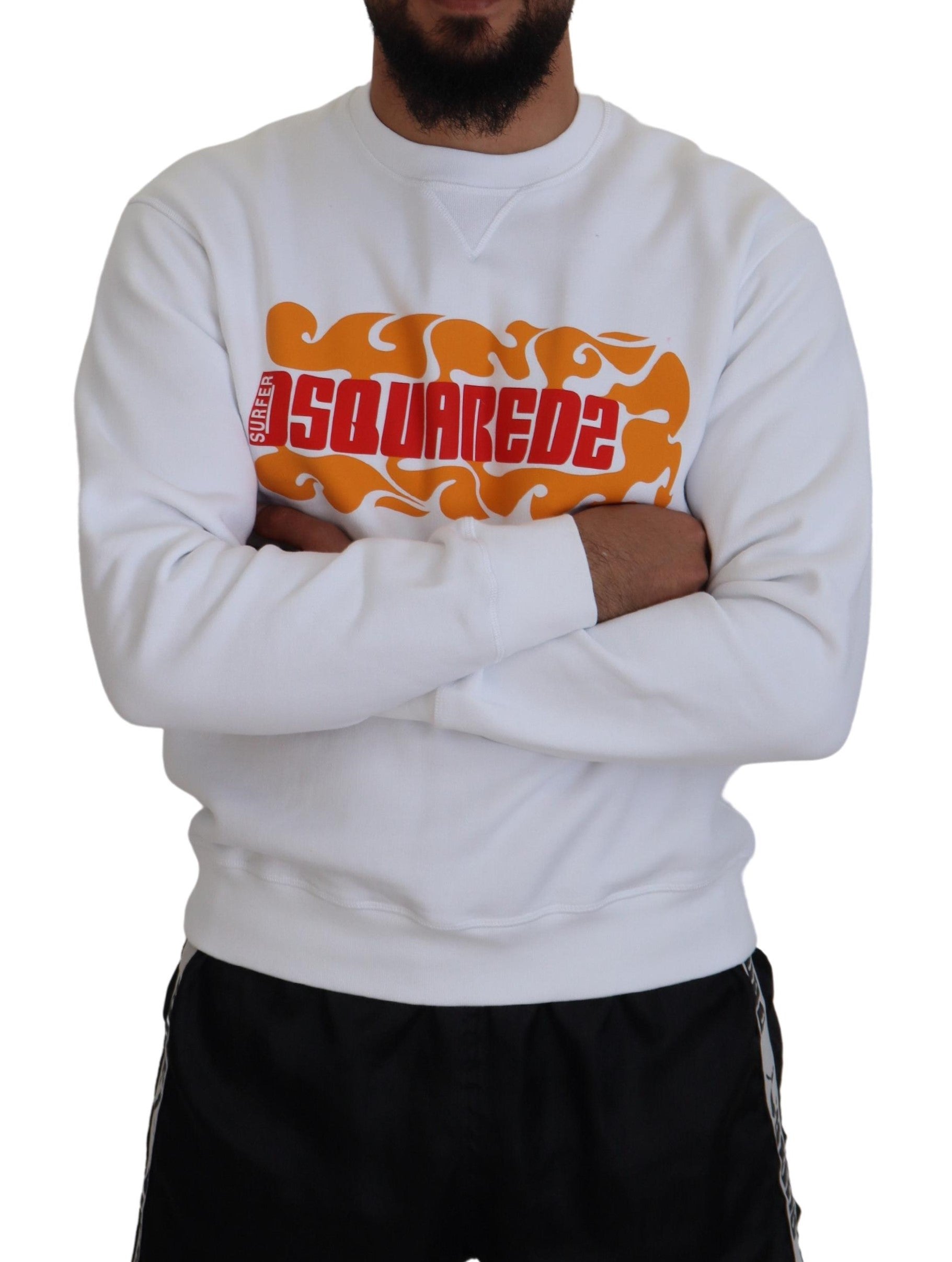 Man wearing white sweatshirt with orange logo