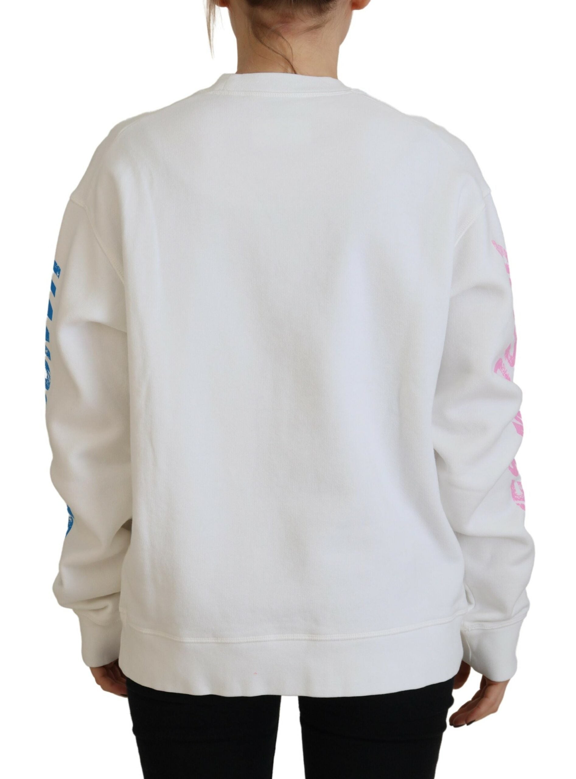 White sweatshirt with pink and blue design on back