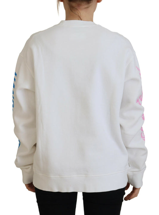 White sweatshirt with pink and blue design on back