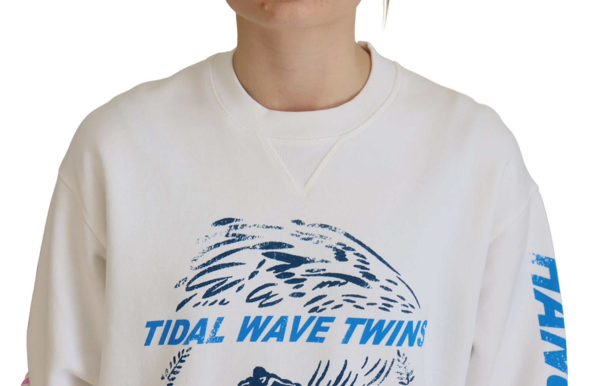 White sweatshirt with blue graphic and text