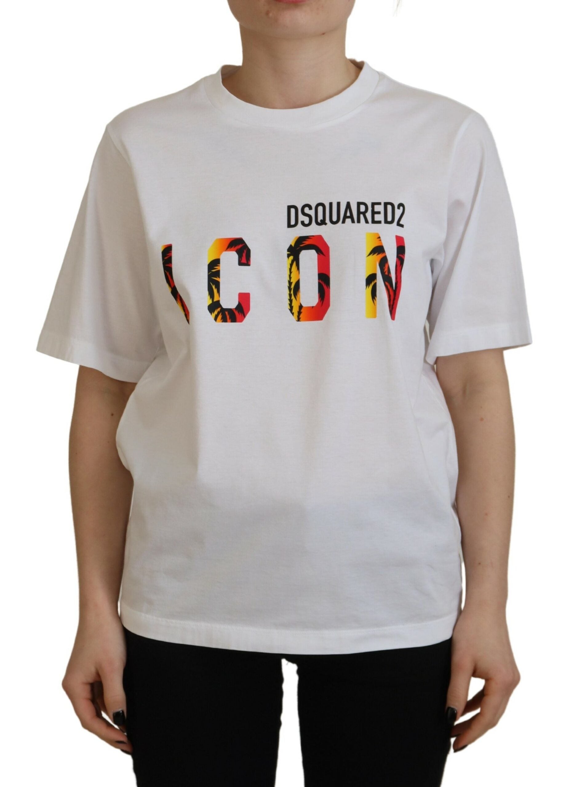 White t-shirt with colorful graphic print on front