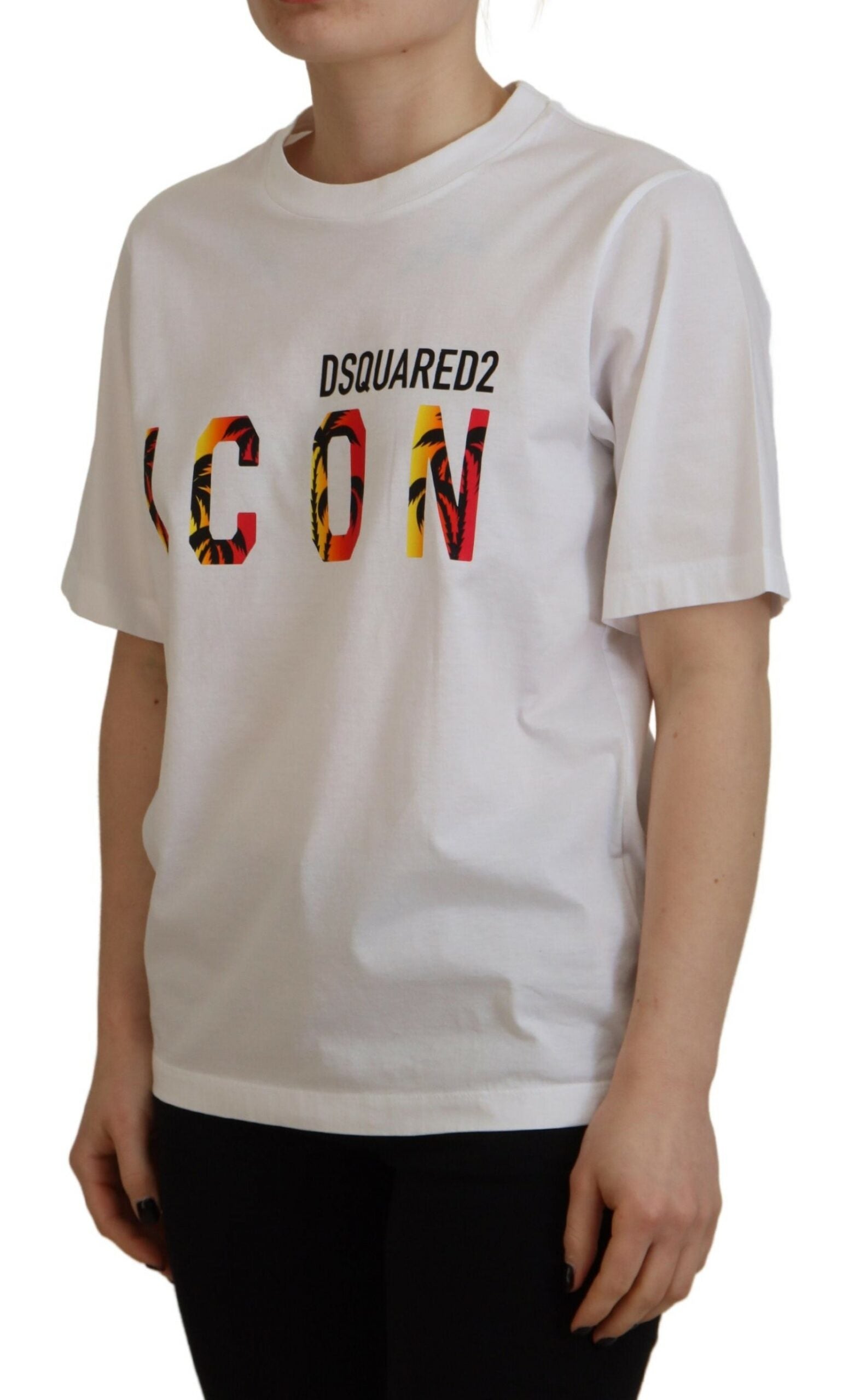 White t-shirt with colorful graphic design on front