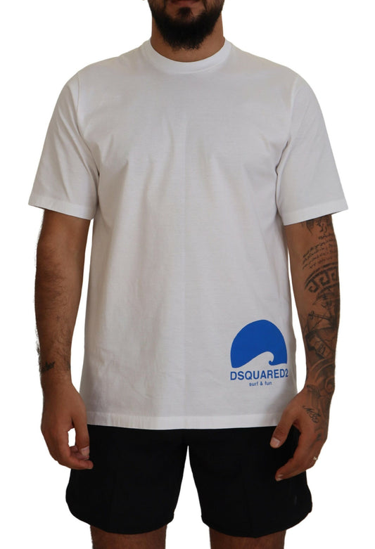 White t-shirt with blue logo on front