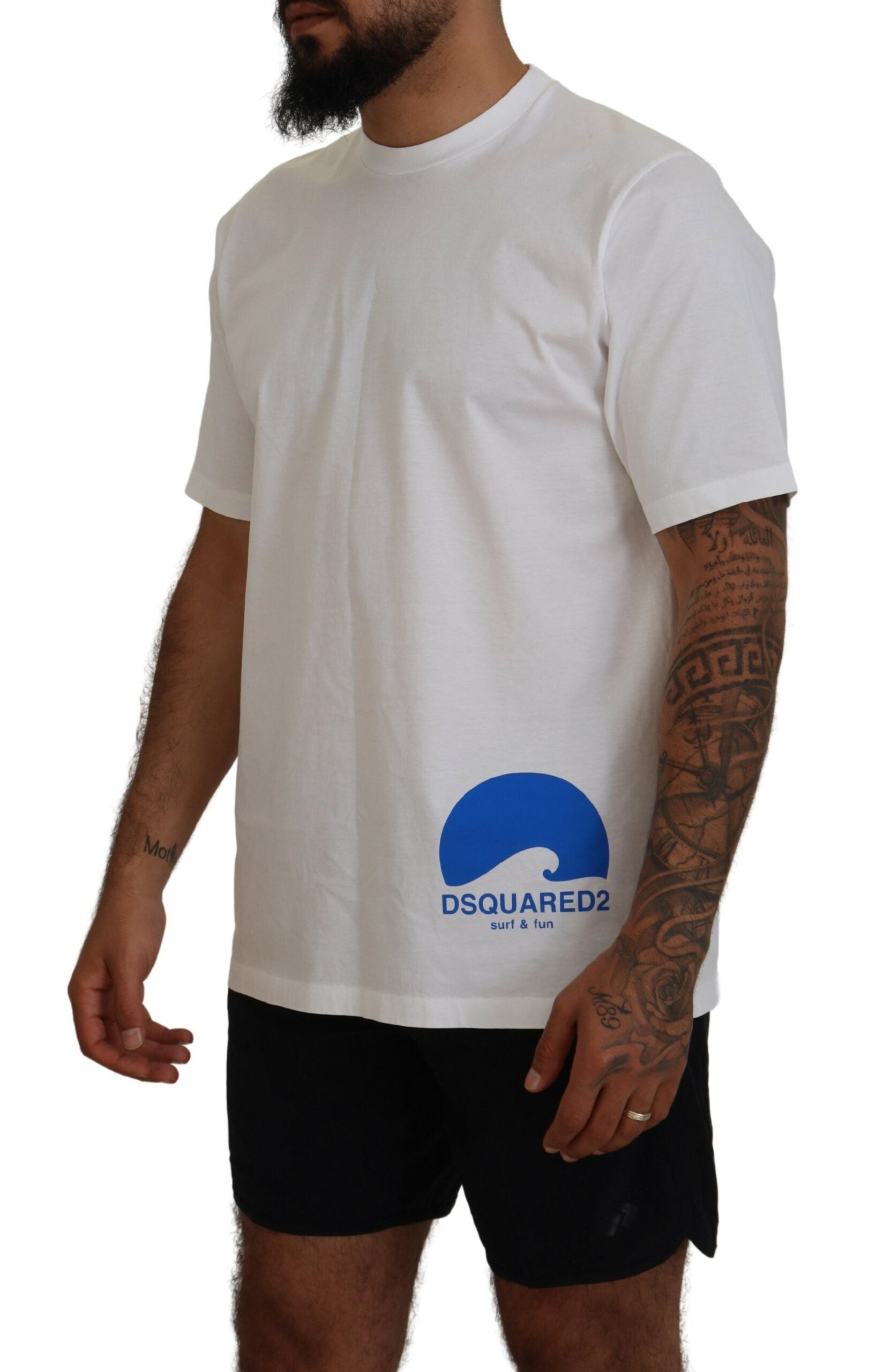 Man wearing white t-shirt with blue logo