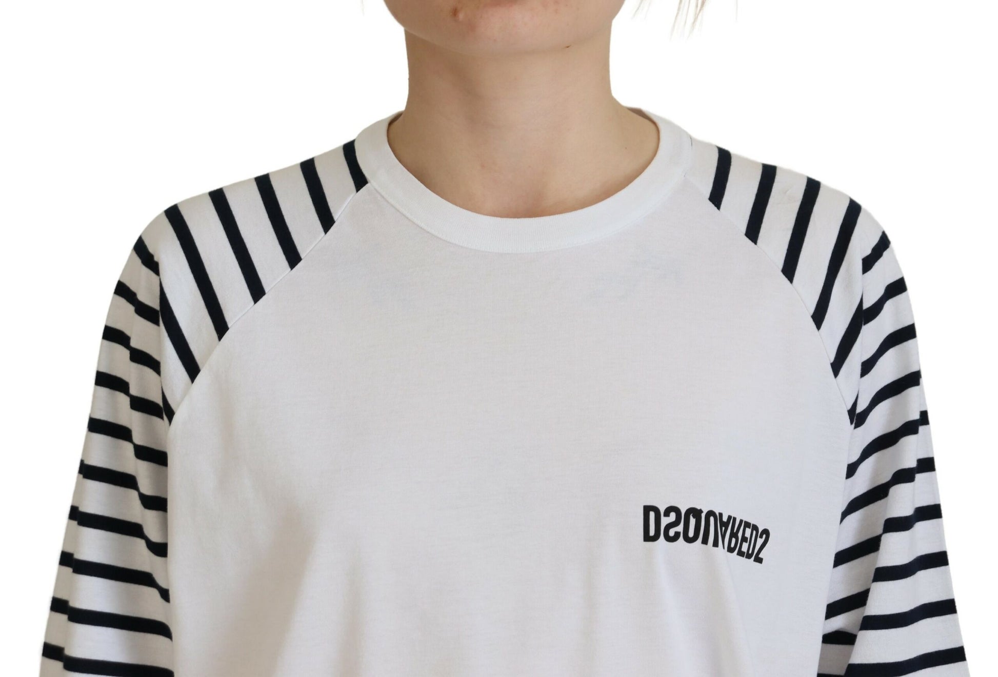 Black and white striped baseball shirt with a small logo on the front