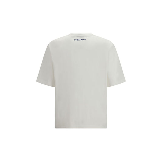 A white cotton t-shirt with a small logo on the back