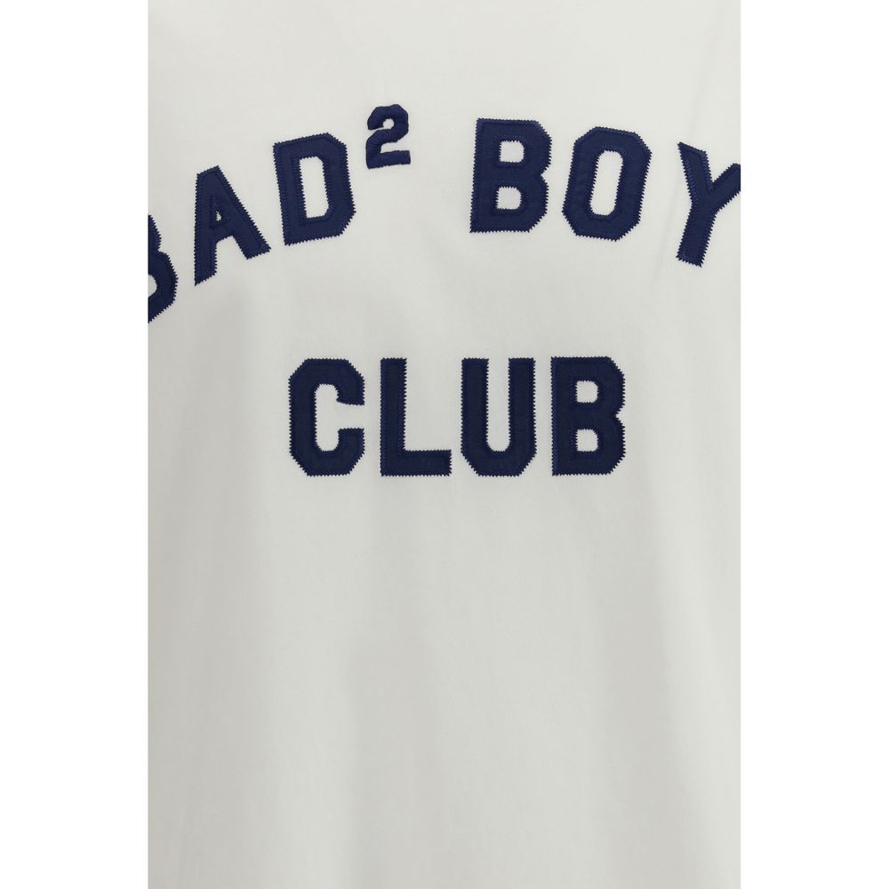 A white cotton t-shirt with blue text reading "Bad Boy Club" from the brand Dsquared²