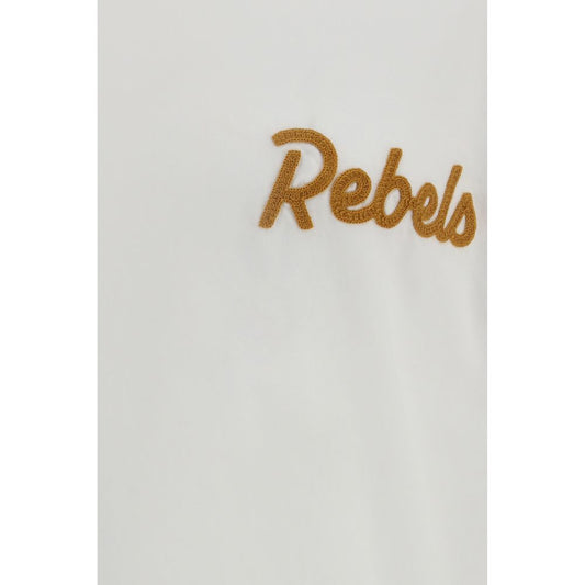 A white cotton t-shirt with a logo embroidered on it