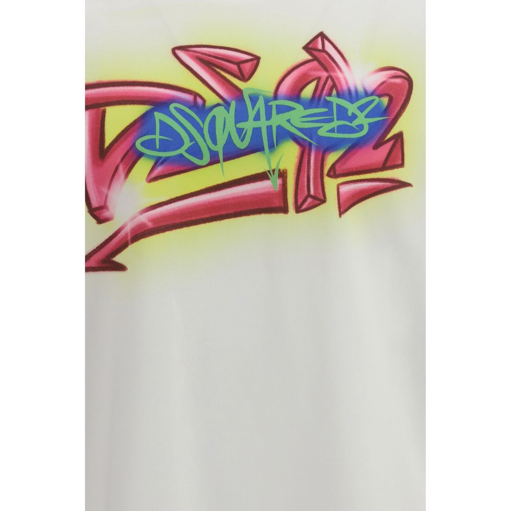 A white cotton t-shirt with blue graffiti print on front