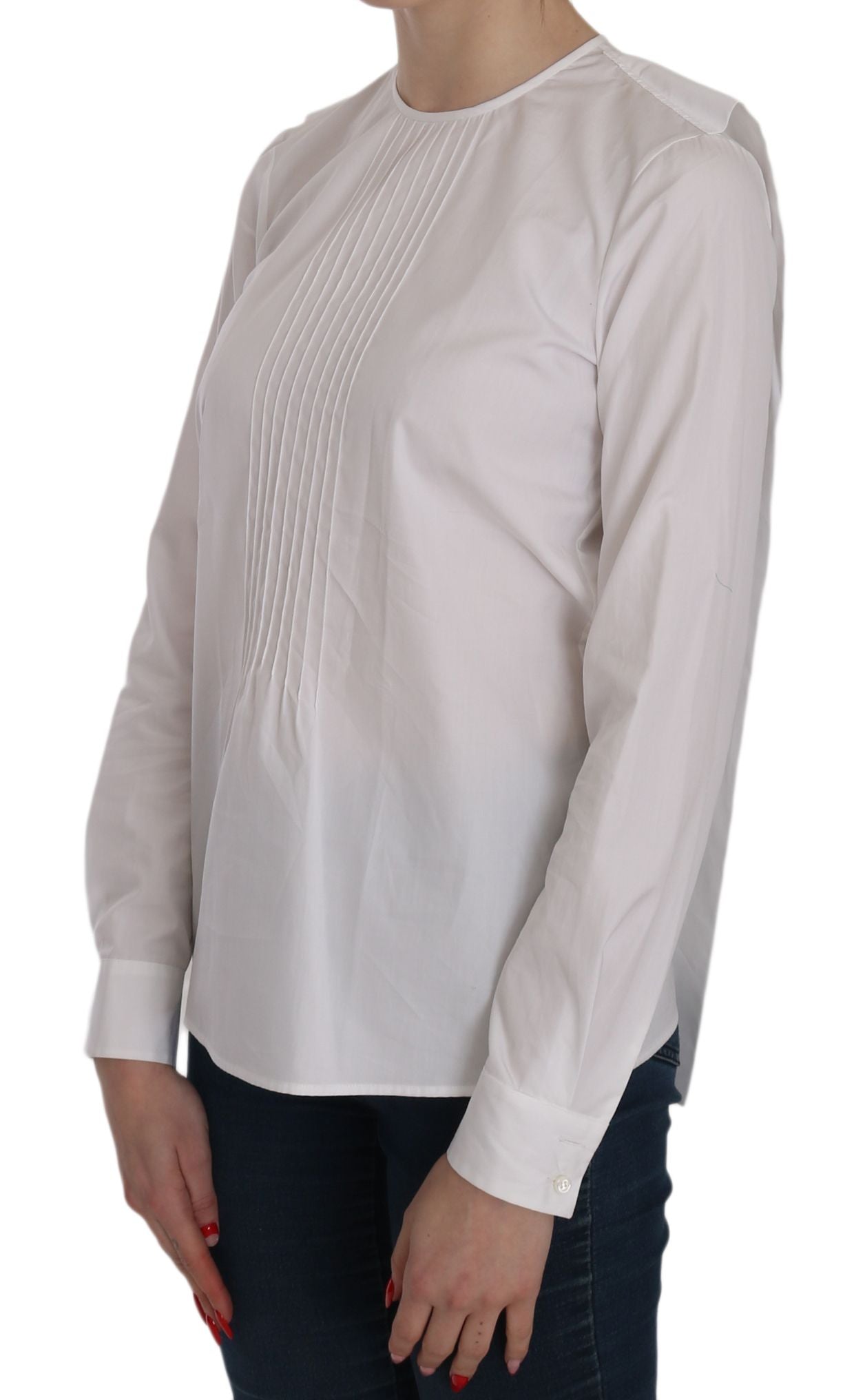Long sleeve white blouse with horizontal stitching detail on front