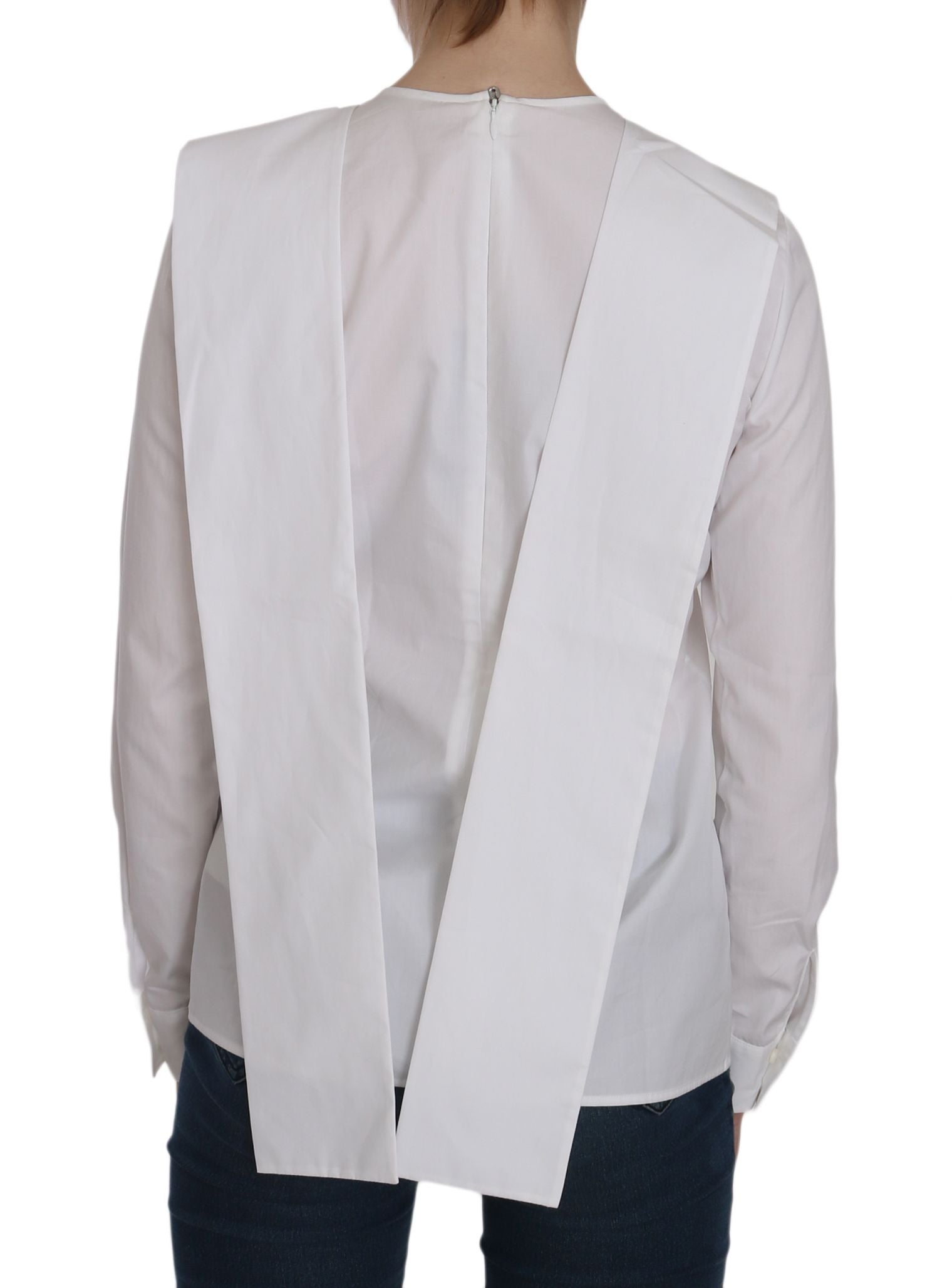 Back of a person wearing a white shirt with a vertical striped design on the back