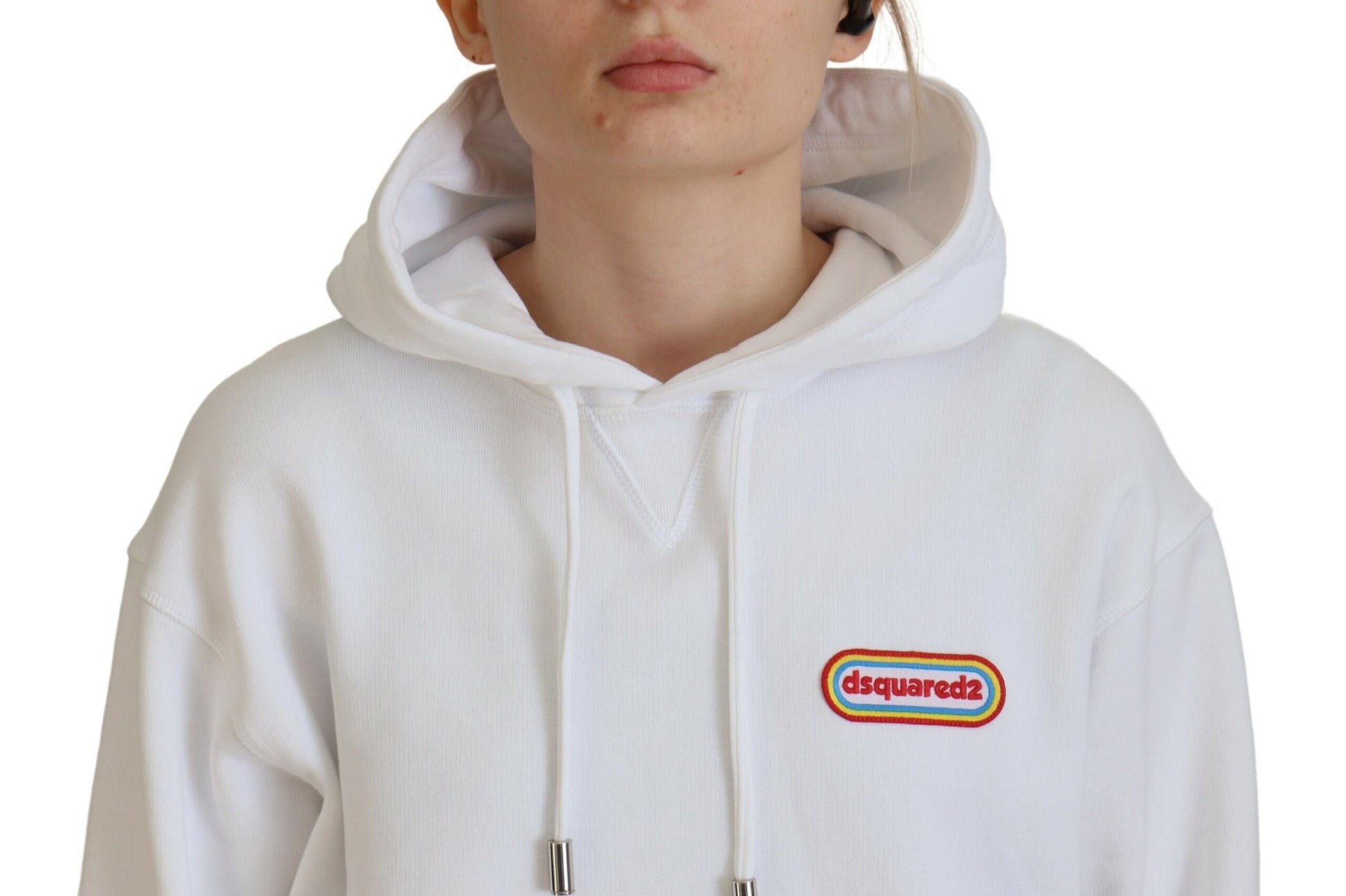 White hoodie with colorful logo on front