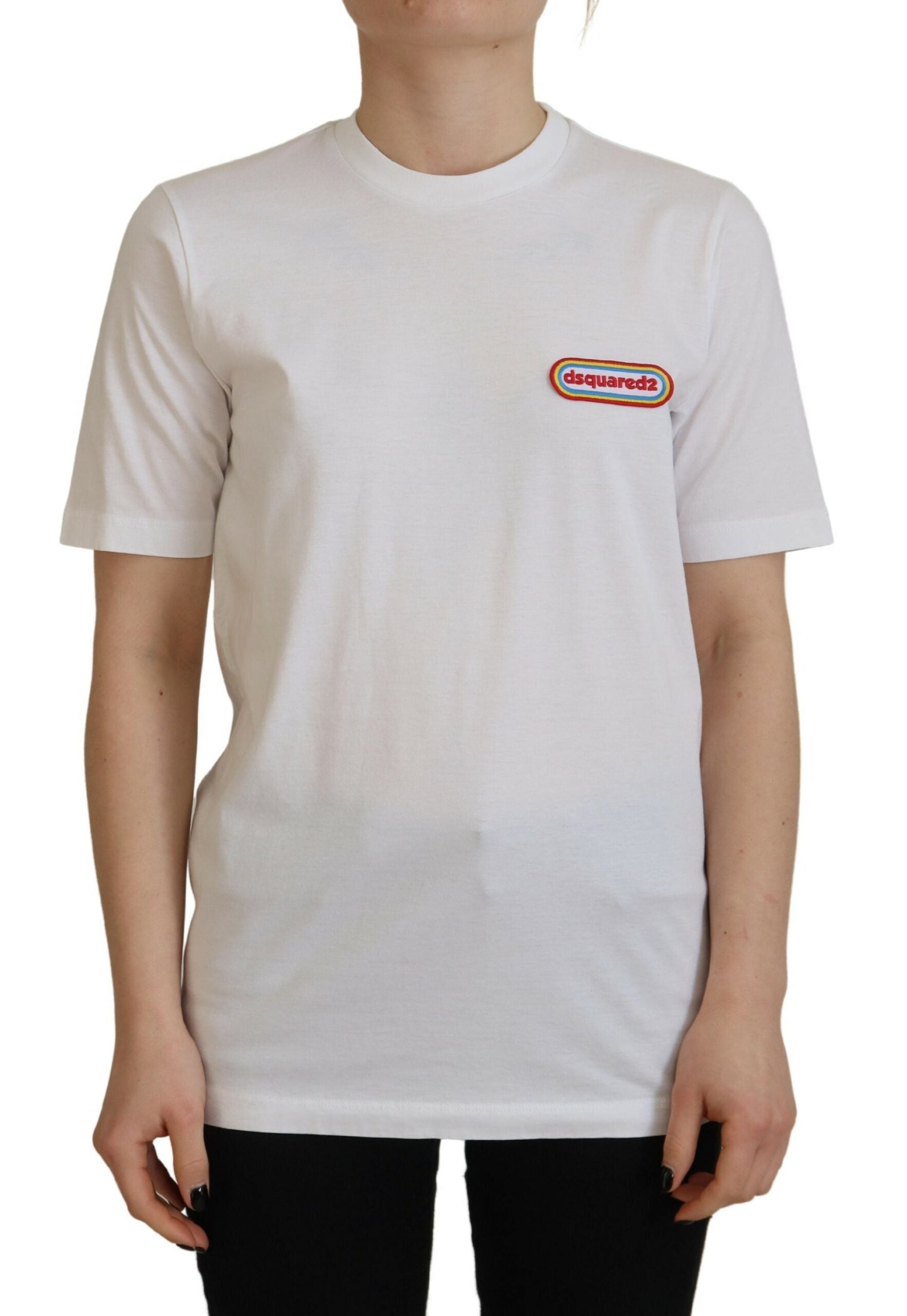 White t-shirt with red logo on front