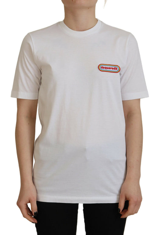 White t-shirt with red logo on front