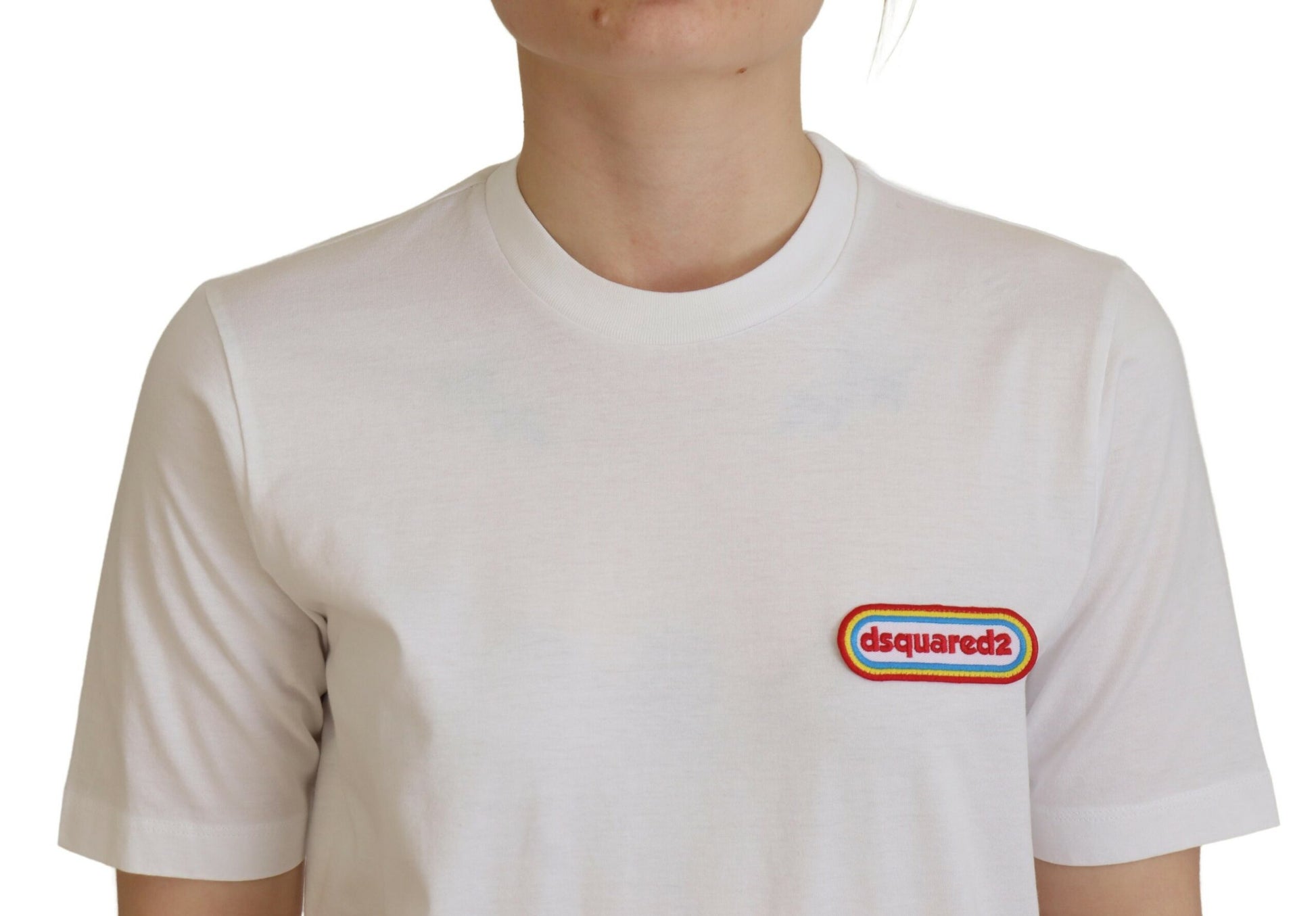 White t-shirt with colorful logo on front