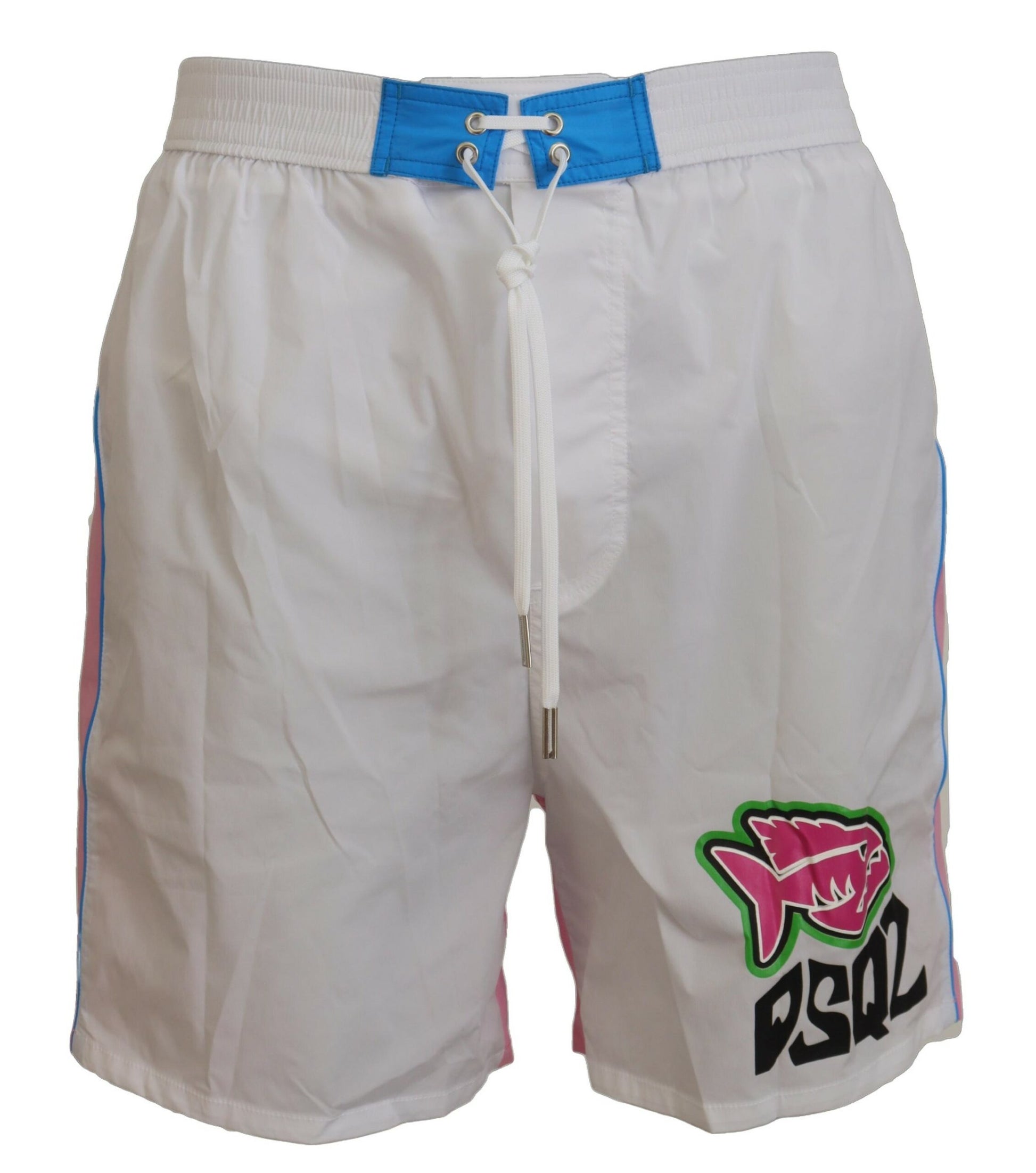 White shorts with blue trim and a fish logo on the left leg