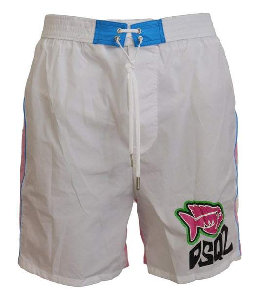 White shorts with blue trim and a fish logo on the left leg