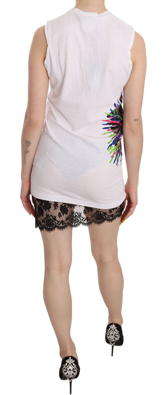 A sleeveless white dress with a colorful print on the back