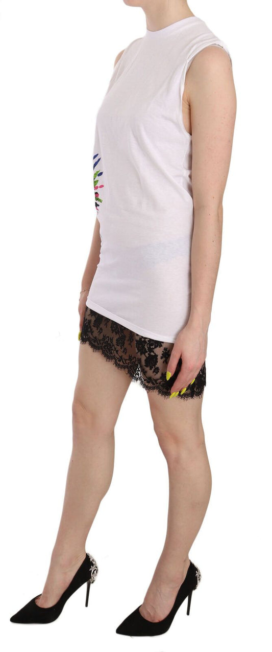 A sleeveless white dress with a crew neck and printed design, worn by a mannequin