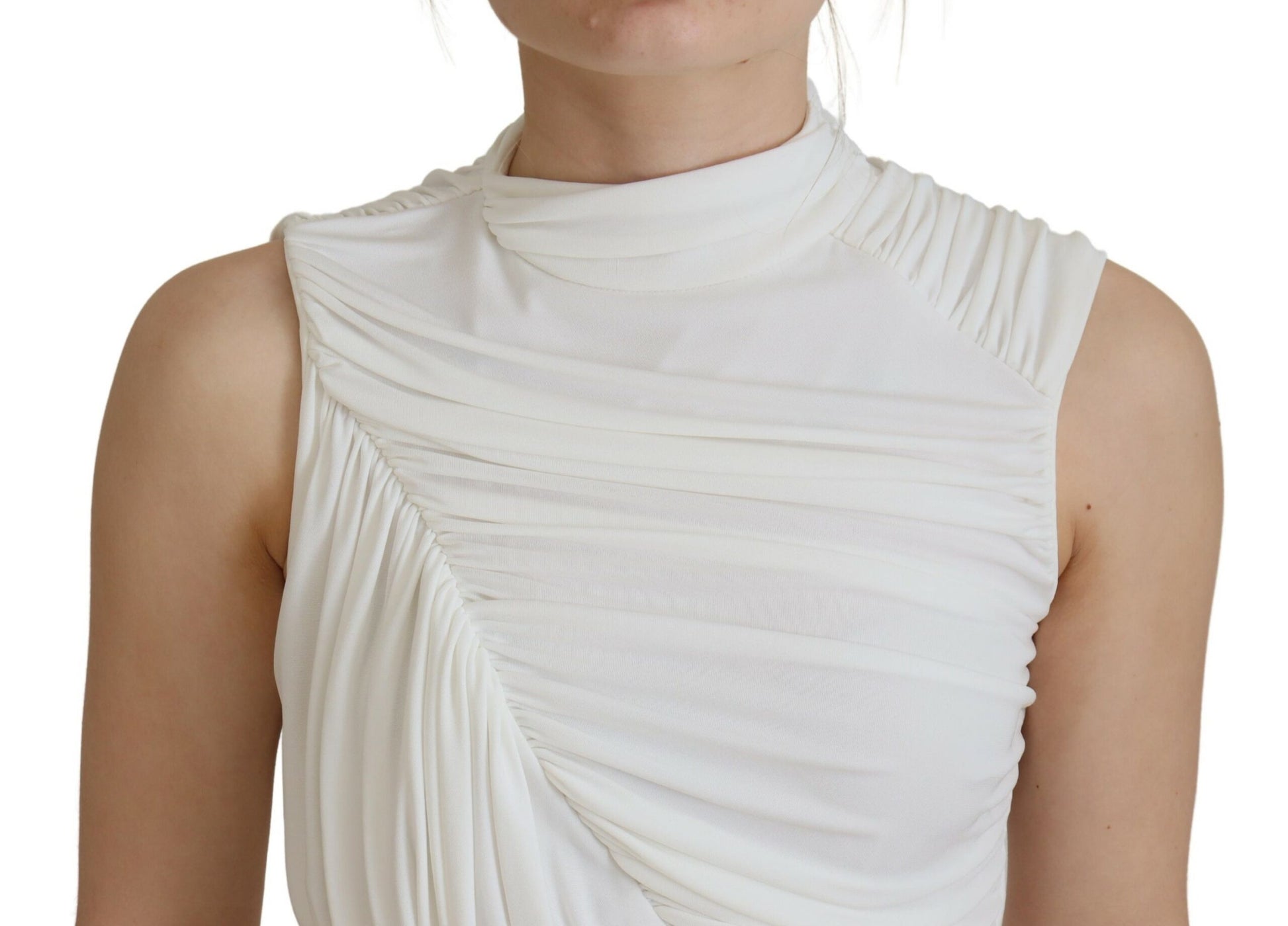 A white viscose sleeveless bodycon mini dress with ruched detailing
