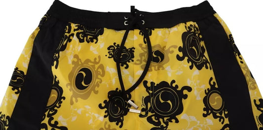 Yellow swim shorts with black trim and a patterned design