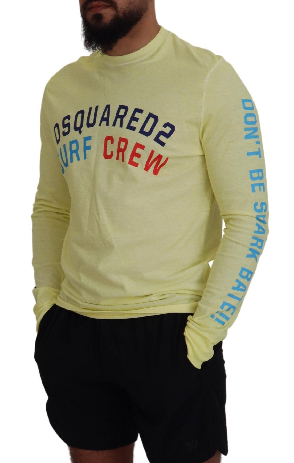 Long sleeve yellow sweatshirt with red and blue lettering