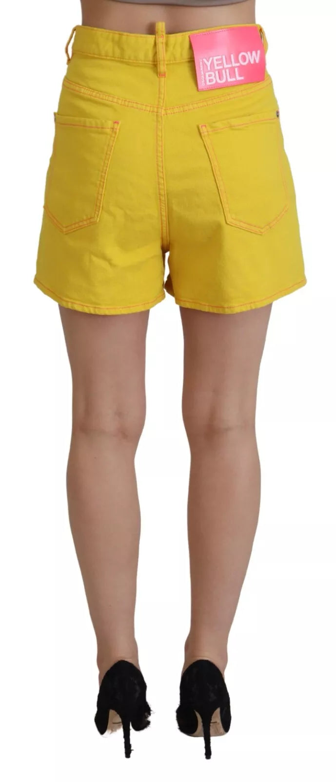 Yellow cotton high waist baggy women's shorts with pink label