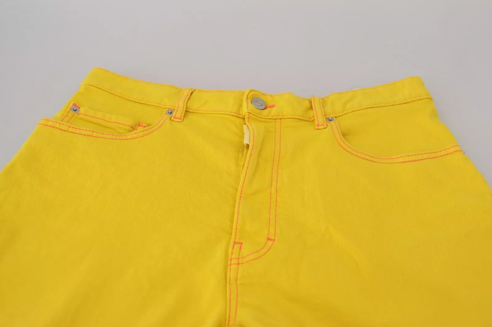 Yellow cotton high waist baggy women's shorts with red stitching