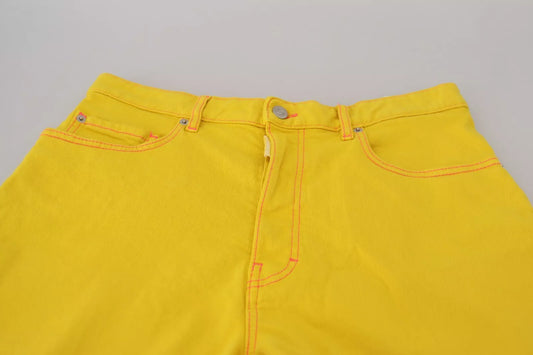 Yellow cotton high waist baggy women's shorts with red stitching