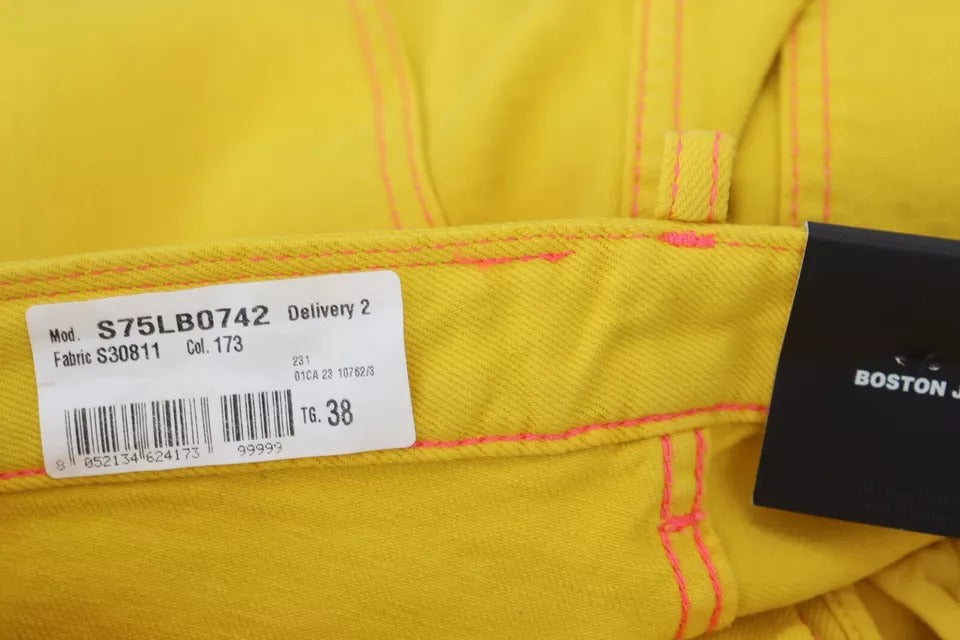 Yellow pants with tags on waistband